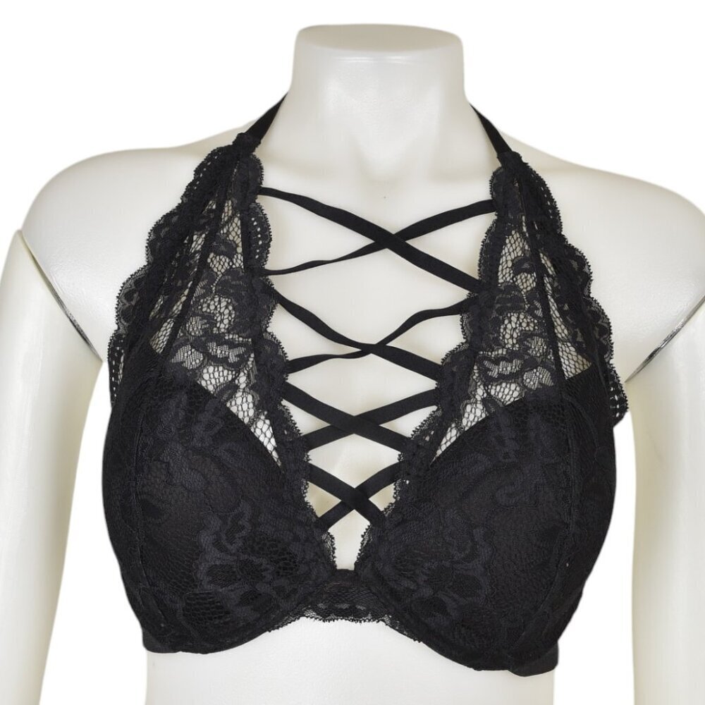 La Senza Black Lace Halter Bra 34D - Strappy Front Cage Detail Bralette - Picture 1 of 8